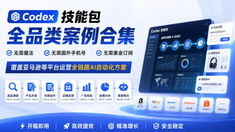 Codex技能包全品类案例合集,无需魔法、无需国外手机号、无需美金订阅,覆盖亚马逊等平台运营全链路AI自动化方案 Codex技能包全品类案例合集,无需魔法、无需国外手机号、无需美金订阅,覆盖亚马逊等平台运营全链路AI自动化方案