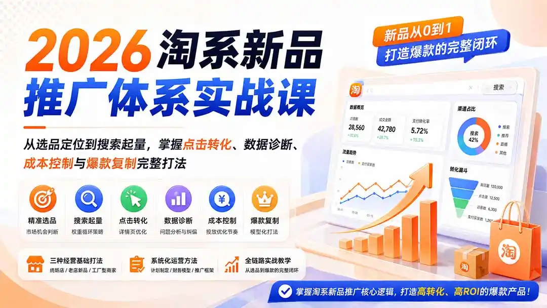 2026淘系新品推广体系实战课:从选品定位到搜索起量,掌握点击转化、数据诊断、成本控制与爆款复制完整打法 2026淘系新品推广体系实战课:从选品定位到搜索起量,掌握点击转化、数据诊断、成本控制与爆款复制完整打法