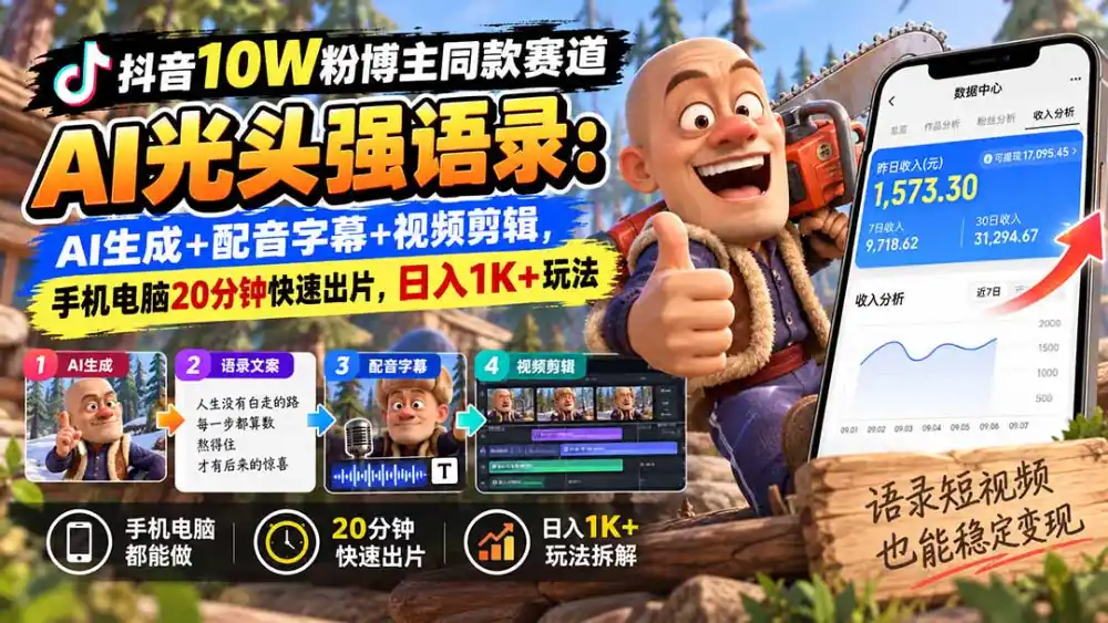 【无水印】抖音10W粉博主同款赛道AI光头强语录:AI生成+配音字幕+视频剪辑,手机电脑20分钟快速出片,日入1K+玩法 【无水印】抖音10W粉博主同款赛道AI光头强语录:AI生成+配音字幕+视频剪辑,手机电脑20分钟快速出片,日入1K+玩法