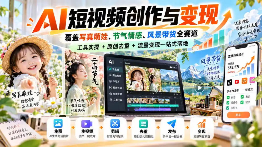 AI短视频创作与变现,覆盖写真萌娃、节气情感、风景带货全赛道,工具实操+原创去重+流量变现一站式落地 AI短视频创作与变现,覆盖写真萌娃、节气情感、风景带货全赛道,工具实操+原创去重+流量变现一站式落地