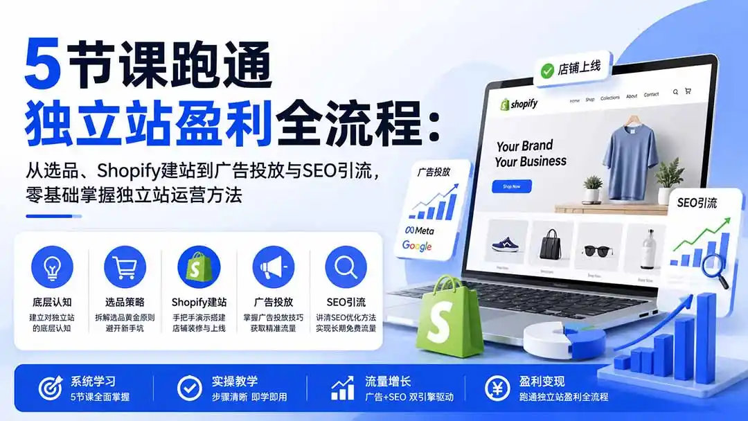 5节课跑通独立站盈利全流程:从选品、Shopify建站到广告投放与SEO引流,零基础掌握独立站运营方法 5节课跑通独立站盈利全流程:从选品、Shopify建站到广告投放与SEO引流,零基础掌握独立站运营方法