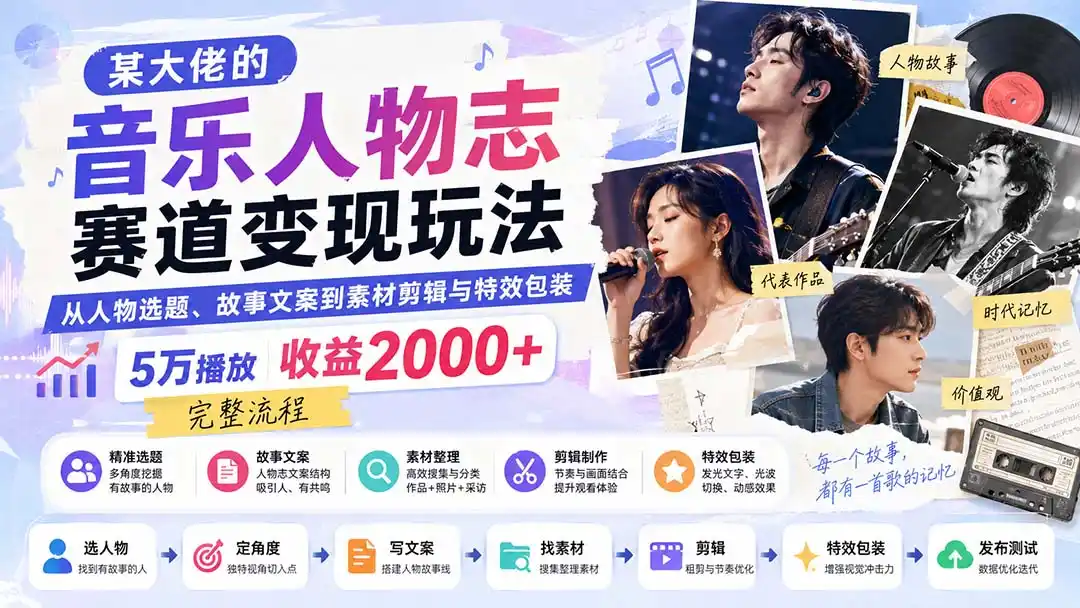 某大佬的音乐人物志赛道变现玩法:从人物选题、故事文案到素材剪辑与特效包装,5万播放收益2000+完整流程 某大佬的音乐人物志赛道变现玩法:从人物选题、故事文案到素材剪辑与特效包装,5万播放收益2000+完整流程