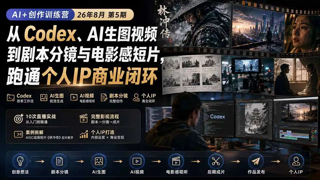 AI+创作训练营26年8月第5期：从Codex、AI生图视频到剧本分镜与电影感短片，跑通个人IP商业闭环