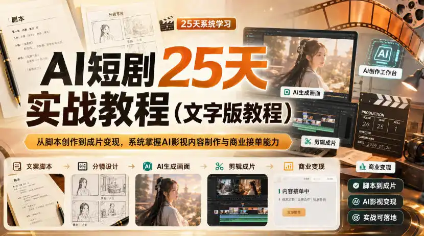 AI短剧25天实战教程(文字版教程),从脚本创作到成片变现,系统掌握AI影视内容制作与商业接单能力 AI短剧25天实战教程(文字版教程),从脚本创作到成片变现,系统掌握AI影视内容制作与商业接单能力