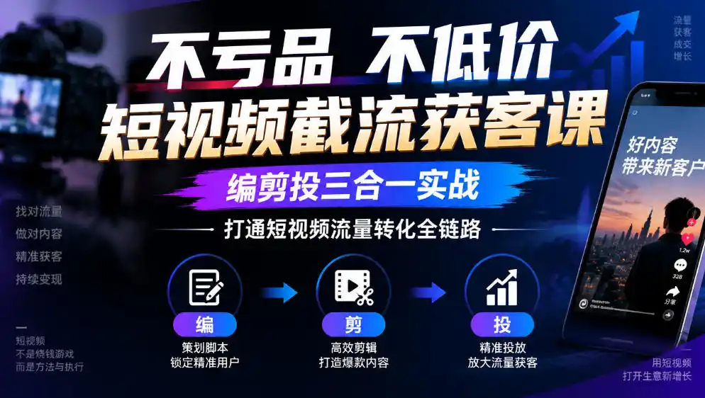 不亏品不低价短视频截流获客课，编剪投三合一实战，打通短视频流量转化全链路