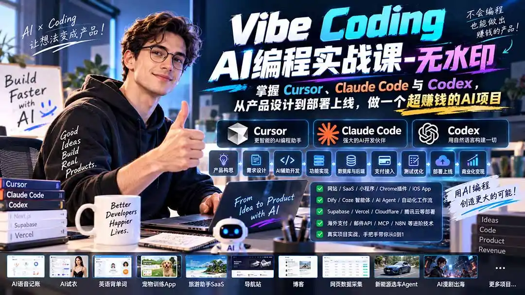 Vibe Coding AI编程实战课-无水印:掌握Cursor、Claude Code与Codex,从产品设计到部署上线,做一个超赚钱的AI项目 Vibe Coding AI编程实战课-无水印:掌握Cursor、Claude Code与Codex,从产品设计到部署上线,做一个超赚钱的AI项目