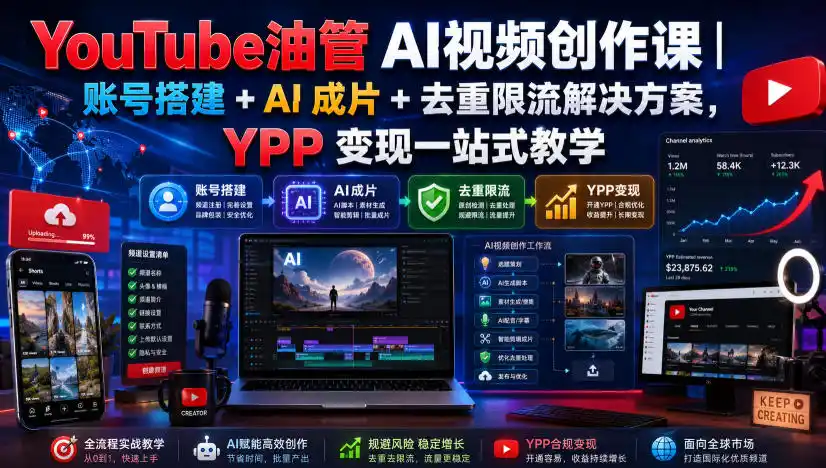 YouTube油管AI视频创作课|账号搭建+AI成片+去重限流解决方案,YPP变现一站式教学(更新0809) YouTube油管AI视频创作课|账号搭建+AI成片+去重限流解决方案,YPP变现一站式教学(更新0809)