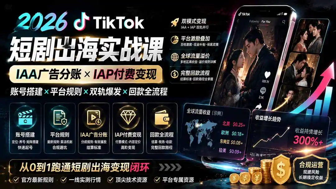 2026TikTok短剧出海实战课:IAA广告分账×IAP付费变现×账号搭建×平台规则×双轨爆发×回款全流程 2026TikTok短剧出海实战课:IAA广告分账×IAP付费变现×账号搭建×平台规则×双轨爆发×回款全流程