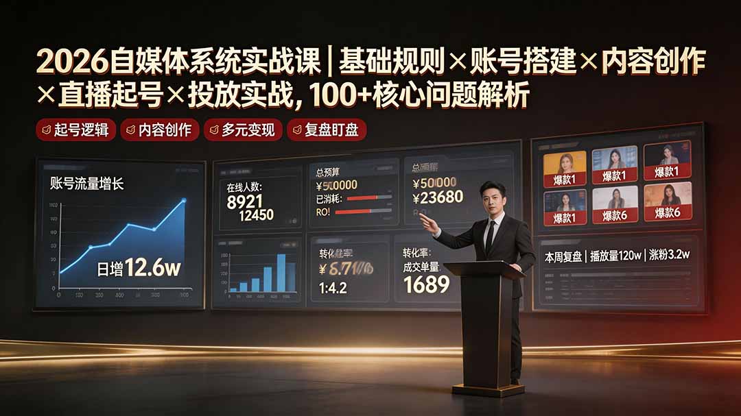 2026自媒体系统实战课|基础规则×账号搭建×内容创作×直播起号×投放实战,100+核心问题解析 2026自媒体系统实战课|基础规则×账号搭建×内容创作×直播起号×投放实战,100+核心问题解析