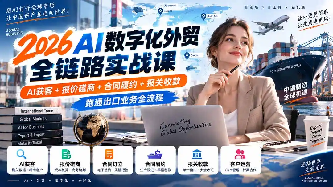 2026AI数字化外贸全链路实战课:AI获客+报价磋商+合同履约+报关收款,跑通出口业务全流程 2026AI数字化外贸全链路实战课:AI获客+报价磋商+合同履约+报关收款,跑通出口业务全流程