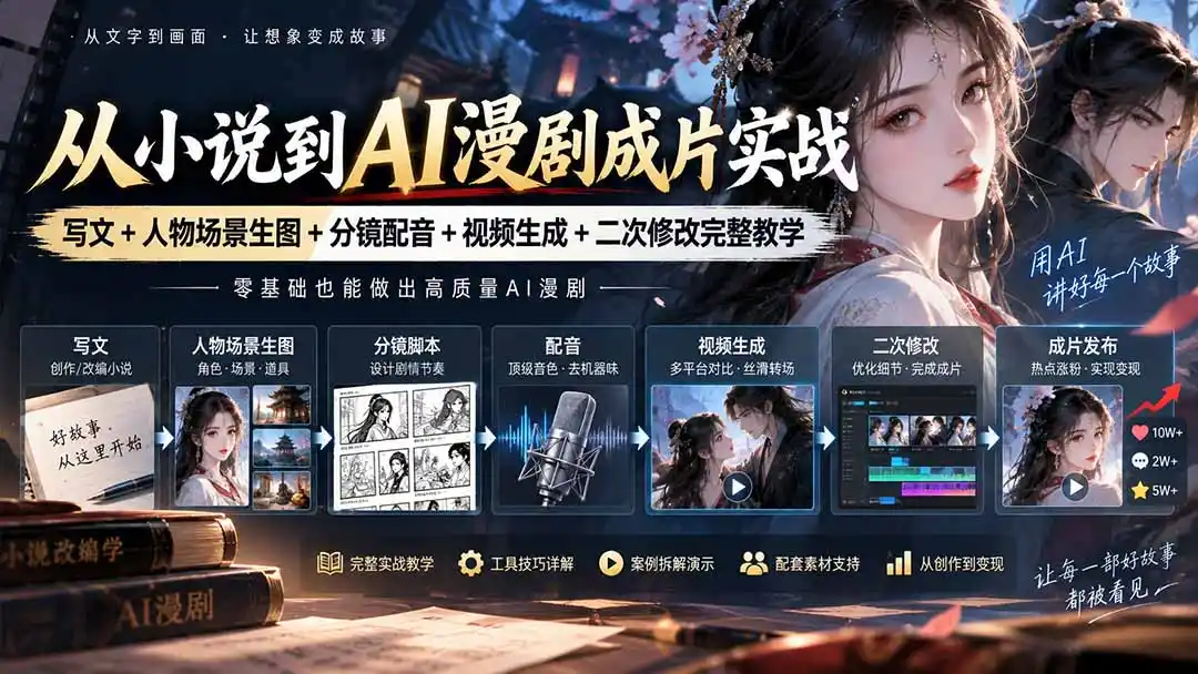 从小说到AI漫剧成片实战:写文+人物场景生图+分镜配音+视频生成+二次修改完整教学 从小说到AI漫剧成片实战:写文+人物场景生图+分镜配音+视频生成+二次修改完整教学