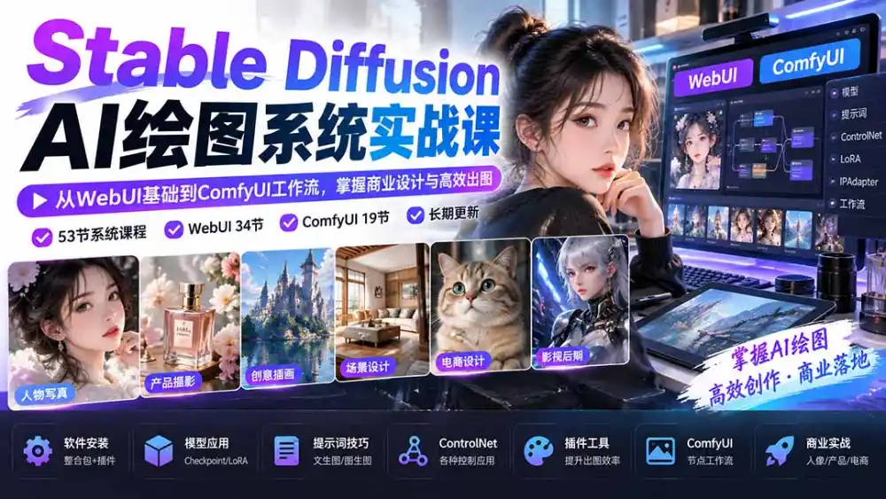 【无水印】Stable Diffusion AI绘图系统实战课:从WebUI基础到ComfyUI工作流,掌握商业设计与高效出图 【无水印】Stable Diffusion AI绘图系统实战课:从WebUI基础到ComfyUI工作流,掌握商业设计与高效出图