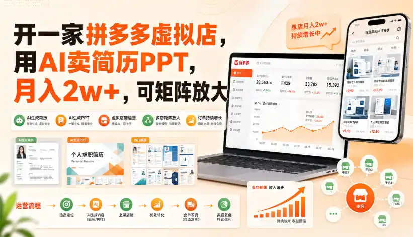 开一家拼多多虚拟店,用AI卖简历PPT,月入2w+,可矩阵放大【揭秘】 开一家拼多多虚拟店,用AI卖简历PPT,月入2w+,可矩阵放大【揭秘】