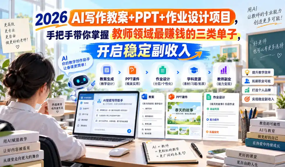 2026 AI写作教案+PPT+作业设计项目，手把手带你掌握教师领域最賺钱的三类单子，开启稳定副收入
