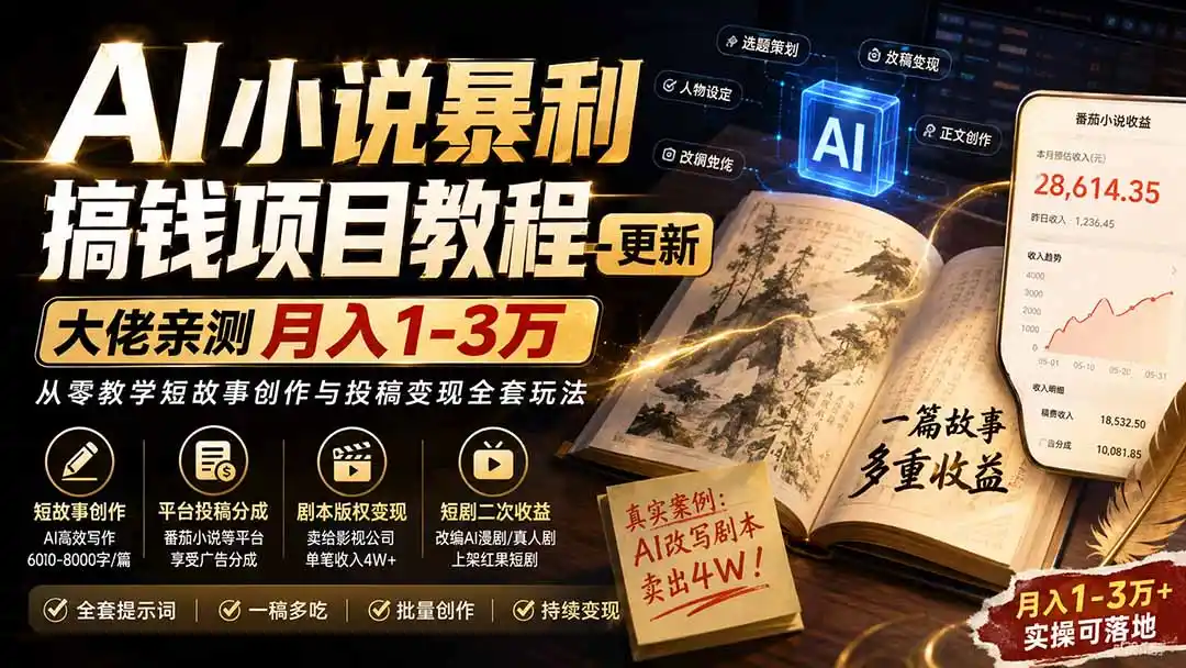 AI小说短故事暴利搞钱项目教程-更新,大佬亲测月入1-3万,从零教学短故事创作与投稿变现全套玩法 AI小说短故事暴利搞钱项目教程-更新,大佬亲测月入1-3万,从零教学短故事创作与投稿变现全套玩法