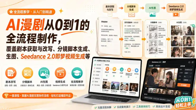 AI漫剧从0到1的全流程制作,覆盖剧本获取与改写、分镜脚本生成、角色场景生图与三视图、Seedance 2.0即梦视频生成(PDF版) AI漫剧从0到1的全流程制作,覆盖剧本获取与改写、分镜脚本生成、角色场景生图与三视图、Seedance 2.0即梦视频生成(PDF版)