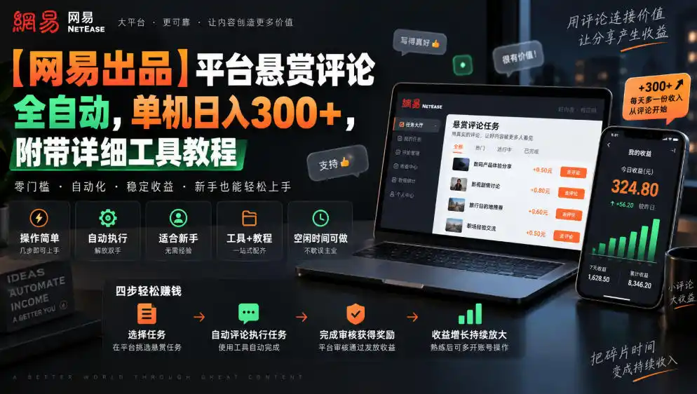 【网易出品】平台悬赏评论全自动,单机日入300+,附带详细工具教程【揭秘】 【网易出品】平台悬赏评论全自动,单机日入300+,附带详细工具教程【揭秘】