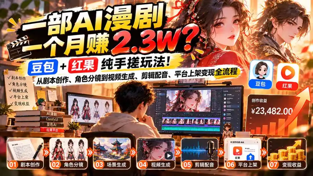 一部AI漫剧一个月赚2.3W?豆包+红果纯手搓玩法!从剧本创作、角色分镜到视频生成、剪辑配音、平台上架变现全流程 一部AI漫剧一个月赚2.3W?豆包+红果纯手搓玩法!从剧本创作、角色分镜到视频生成、剪辑配音、平台上架变现全流程