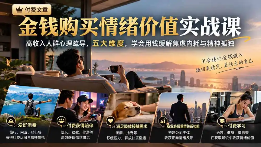付费文章:金钱购买情绪价值实战课|高收入人群心理疏导,五大维度,学会用钱缓解焦虑内耗与精神孤独 付费文章:金钱购买情绪价值实战课|高收入人群心理疏导,五大维度,学会用钱缓解焦虑内耗与精神孤独