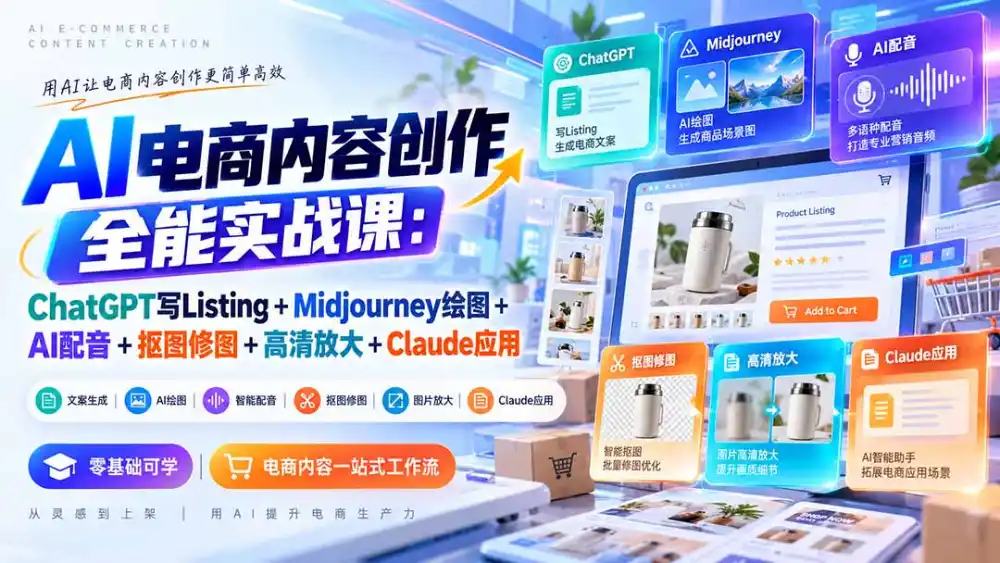 【无水印】AI电商内容创作全能实战课:ChatGPT写Listing+Midjourney绘图+AI配音+抠图修图+高清放大+Claude应用 【无水印】AI电商内容创作全能实战课:ChatGPT写Listing+Midjourney绘图+AI配音+抠图修图+高清放大+Claude应用