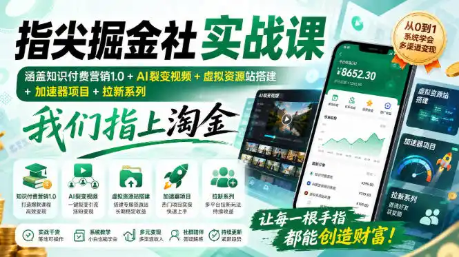 指尖掘金社实战课,涵盖知识付费营销1.0+AI裂变视频+虚拟资源站搭建+加速器项目+拉新系列,我们指上淘金! 指尖掘金社实战课,涵盖知识付费营销1.0+AI裂变视频+虚拟资源站搭建+加速器项目+拉新系列,我们指上淘金!