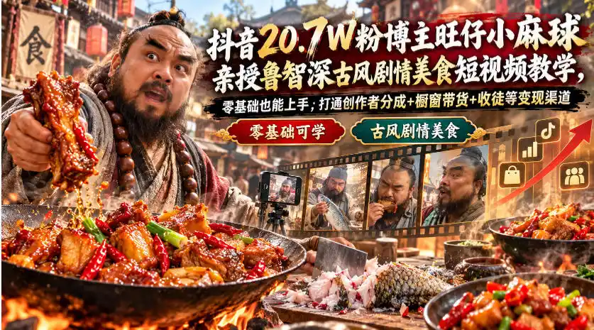 抖音20.7W粉博主旺仔小麻球亲授鲁智深古风剧情美食短视频教学，零基础也能上手，打通创作者分成+橱窗带货+收徒等变现渠道