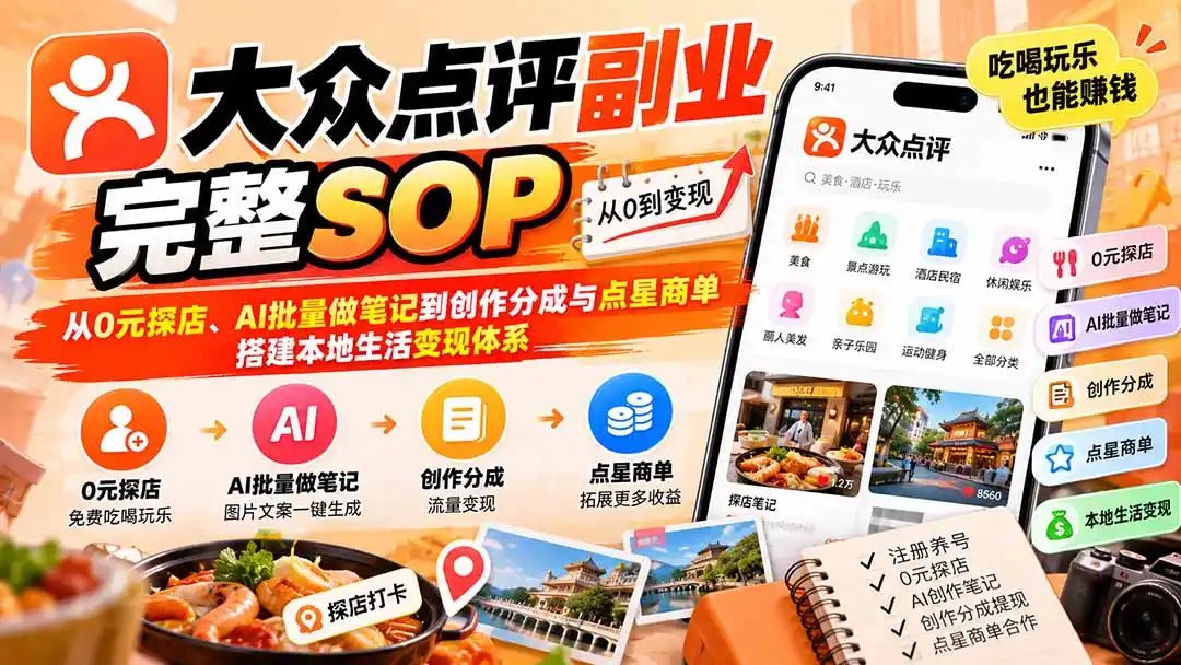 【无水印】大众点评副业完整SOP:从0元探店、AI批量做笔记到创作分成与点星商单,搭建本地生活变现体系 【无水印】大众点评副业完整SOP:从0元探店、AI批量做笔记到创作分成与点星商单,搭建本地生活变现体系