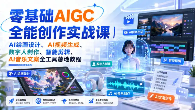 零基础AIGC全能创作实战课|AI绘画设计、AI视频生成、数字人制作、智能剪辑、AI音乐文案全工具落地教程 零基础AIGC全能创作实战课|AI绘画设计、AI视频生成、数字人制作、智能剪辑、AI音乐文案全工具落地教程