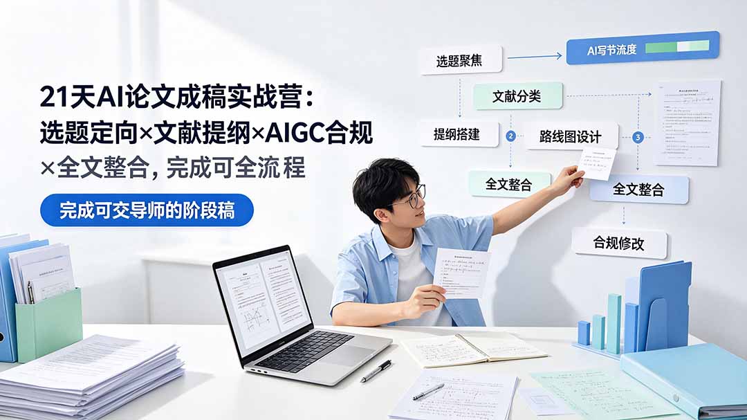 21天AI论文成稿实战营:选题定向×文献提纲×AIGC合规×全文整合,完成可交导师的阶段稿 21天AI论文成稿实战营:选题定向×文献提纲×AIGC合规×全文整合,完成可交导师的阶段稿