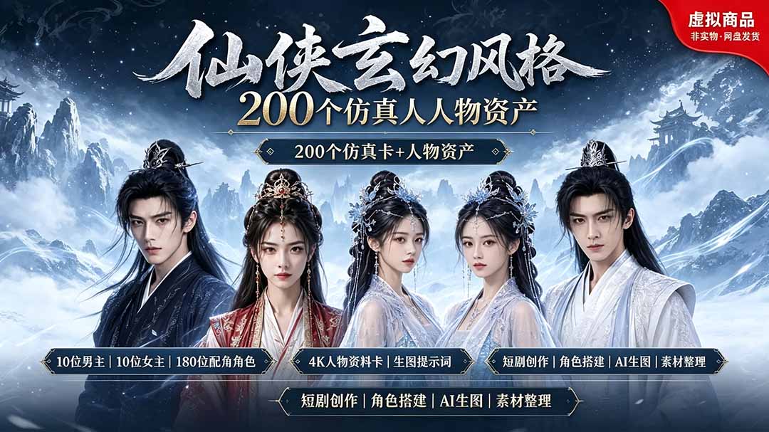 200个仙侠玄幻仿真人素材◆10男主×10女主×180配角,4K资料卡+AI生图提示词,漫剧必备 200个仙侠玄幻仿真人素材◆10男主×10女主×180配角,4K资料卡+AI生图提示词,漫剧必备