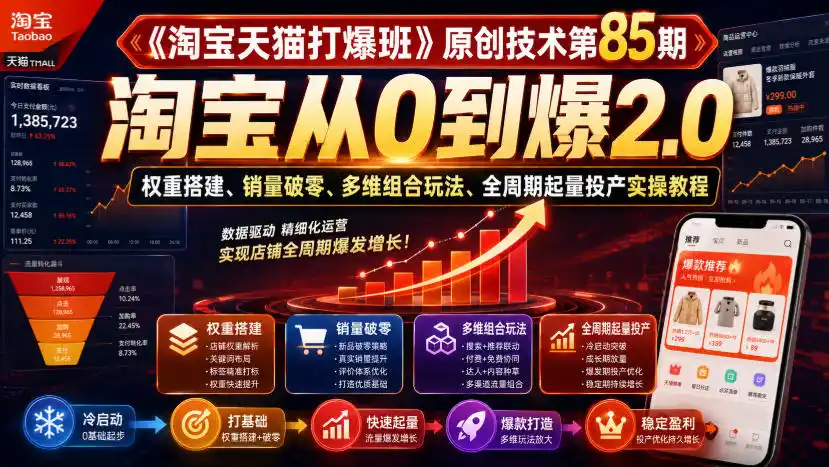 《淘宝天猫打爆班》原创技术第85期,淘宝从0到爆2.0,权重搭建、销量破零、多维组合玩法、全周期起量投产实操教程 《淘宝天猫打爆班》原创技术第85期,淘宝从0到爆2.0,权重搭建、销量破零、多维组合玩法、全周期起量投产实操教程