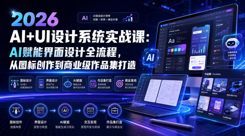 2026 AI+UI设计系统实战课:AI赋能界面设计全流程,从图标创作到商业级作品集打造 2026 AI+UI设计系统实战课:AI赋能界面设计全流程,从图标创作到商业级作品集打造
