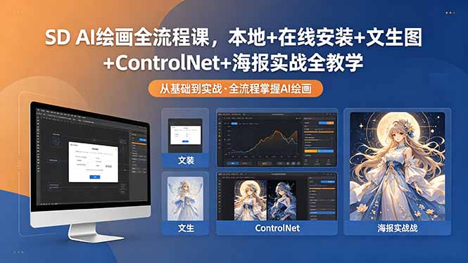 SD AI绘画全流程课,本地+在线安装+文生图+ControlNet+海报实战全教学 SD AI绘画全流程课,本地+在线安装+文生图+ControlNet+海报实战全教学