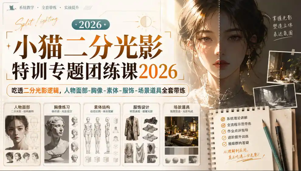 小猫二分光影特训专题团练课2026|吃透二分光影逻辑,人物面部‑胸像‑素体‑服饰‑场景道具全套带练,高清画质附赠课件与笔刷 小猫二分光影特训专题团练课2026|吃透二分光影逻辑,人物面部‑胸像‑素体‑服饰‑场景道具全套带练,高清画质附赠课件与笔刷