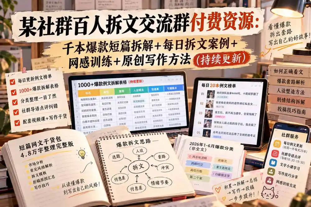 某社群百人拆文交流群付费资源-更新0929:千本爆款短篇拆解+每日拆文案例+网感训练+原创写作方法 某社群百人拆文交流群付费资源-更新0929:千本爆款短篇拆解+每日拆文案例+网感训练+原创写作方法