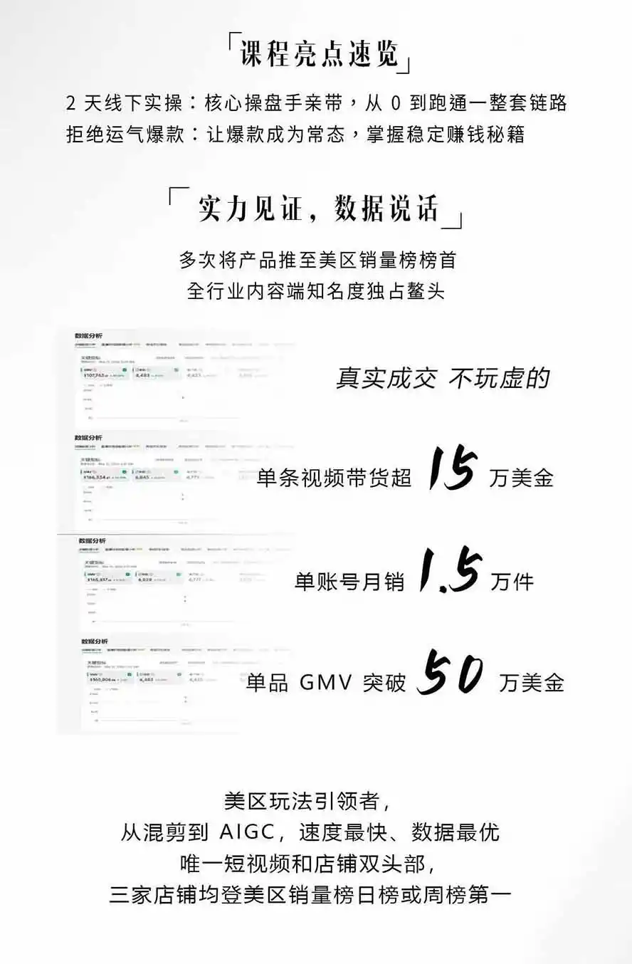 AIGC×TikTok美区短视频带货线下课；两天一夜完整回放，12小时高清视频收录头部操盘手全流程教学