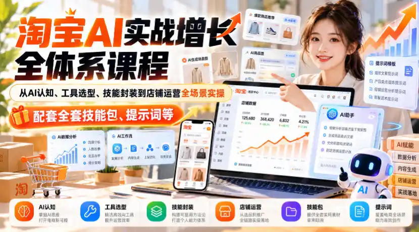 淘宝AI实战增长全体系课程,从AI认知、工具选型、技能封装到店铺运营全场景实操,配套全套技能包、提示词等 淘宝AI实战增长全体系课程,从AI认知、工具选型、技能封装到店铺运营全场景实操,配套全套技能包、提示词等