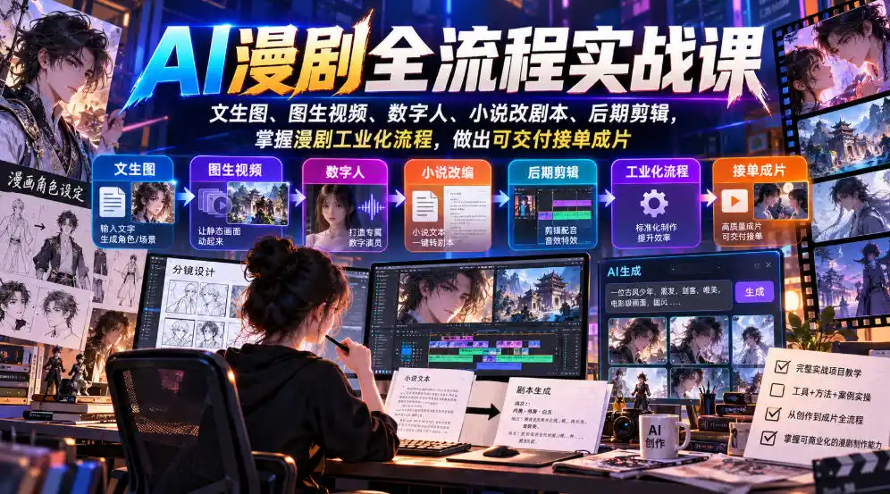 AI漫剧全流程实战课,文生图、图生视频、数字人、小说改剧本、后期剪辑,掌握漫剧工业化流程,做出可交付接单成片 AI漫剧全流程实战课,文生图、图生视频、数字人、小说改剧本、后期剪辑,掌握漫剧工业化流程,做出可交付接单成片