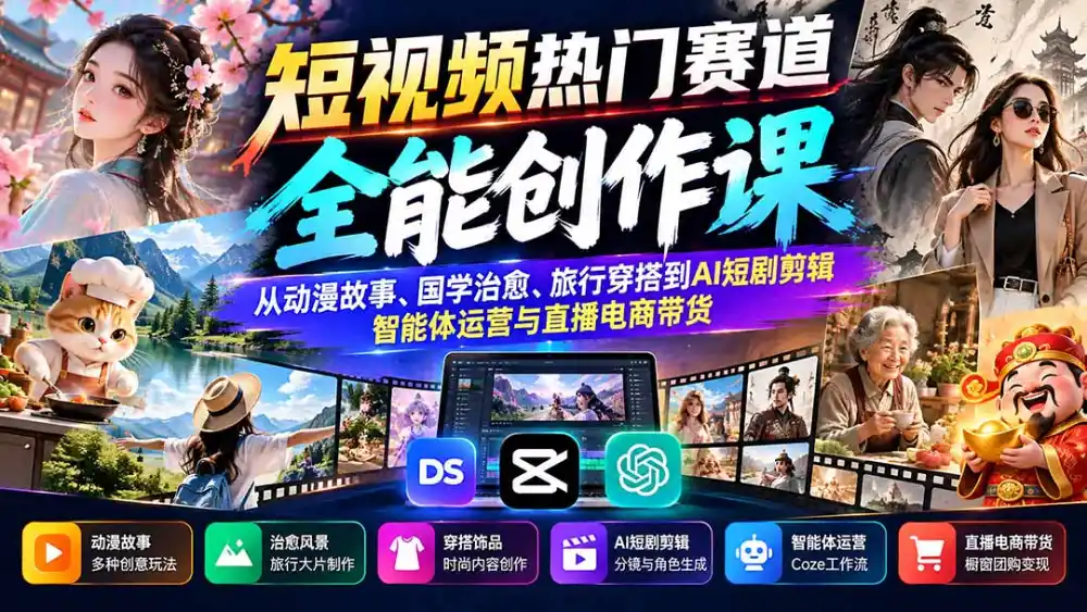短视频热门赛道全能创作课:从动漫故事、国学治愈、旅行穿搭到AI短剧剪辑、智能体运营与直播电商带货 短视频热门赛道全能创作课:从动漫故事、国学治愈、旅行穿搭到AI短剧剪辑、智能体运营与直播电商带货