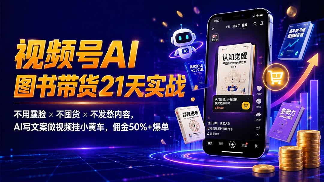 繁花视频号AI图书带货21天实战:不用露脸×不囤货×不发愁内容,AI写文案做视频挂小黄车,佣金50%+爆单 繁花视频号AI图书带货21天实战:不用露脸×不囤货×不发愁内容,AI写文案做视频挂小黄车,佣金50%+爆单