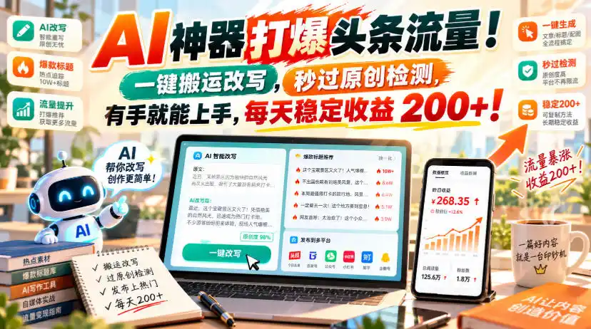 AI神器打爆头条流量,一键搬运改写,秒过原创检测,有手就能上手,每天稳定收益200+!【揭秘】 AI神器打爆头条流量,一键搬运改写,秒过原创检测,有手就能上手,每天稳定收益200+!【揭秘】