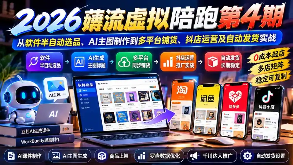 2026薅流虚拟陪跑第4期:从软件半自动选品、AI主图制作到多平台铺货、抖店运营及自动发货实战 2026薅流虚拟陪跑第4期:从软件半自动选品、AI主图制作到多平台铺货、抖店运营及自动发货实战