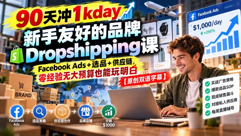 90天冲1kday 新手友好的品牌Dropshipping课：Facebook Ads+选品+供应链，零经验无大预算也能玩明白【原创双语字幕】