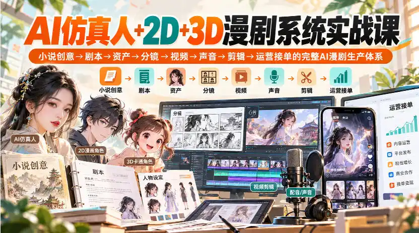 【无水印】AI仿真人+2D+3D漫剧系统实战课,小说创意→剧本→资产→分镜→视频→声音→剪辑→运营接单的完整AI漫剧生产体系 【无水印】AI仿真人+2D+3D漫剧系统实战课,小说创意→剧本→资产→分镜→视频→声音→剪辑→运营接单的完整AI漫剧生产体系
