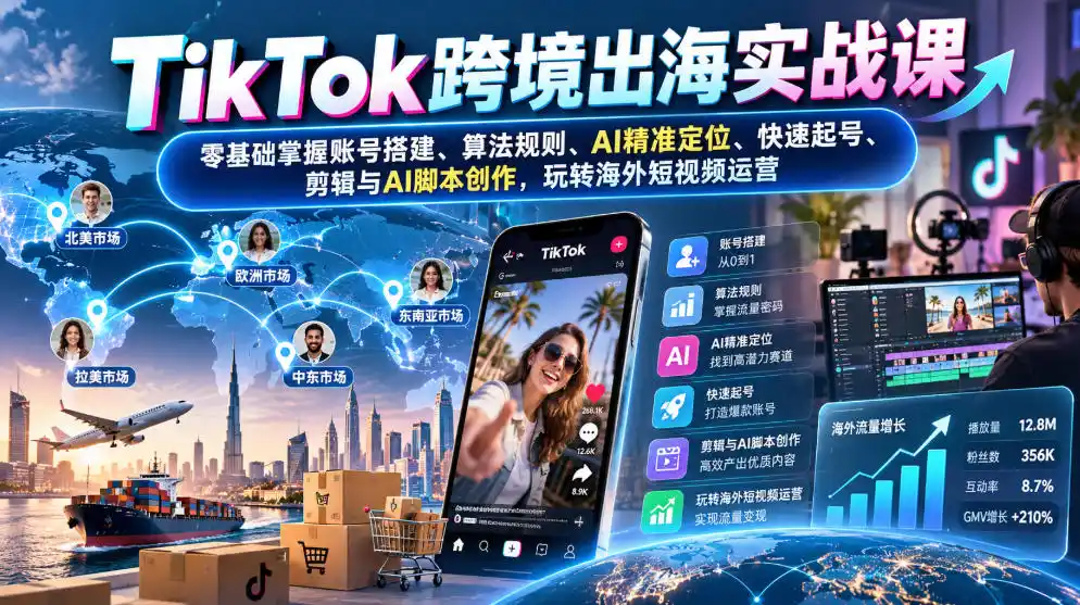 TikTok跨境出海实战课:零基础掌握账号搭建、算法规则、AI精准定位、快速起号、剪辑与AI脚本创作,玩转海外短视频运营 TikTok跨境出海实战课:零基础掌握账号搭建、算法规则、AI精准定位、快速起号、剪辑与AI脚本创作,玩转海外短视频运营
