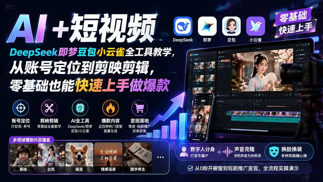 AI+短视频|DeepSeek即梦豆包小云雀全工具教学,从账号定位到剪映剪辑,零基础也能快速上手做爆款 AI+短视频|DeepSeek即梦豆包小云雀全工具教学,从账号定位到剪映剪辑,零基础也能快速上手做爆款