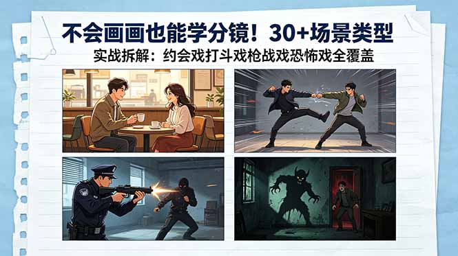 不会画画也能学分镜!30+场景类型实战拆解:约会戏打斗戏枪战戏恐怖戏全覆盖 不会画画也能学分镜!30+场景类型实战拆解:约会戏打斗戏枪战戏恐怖戏全覆盖