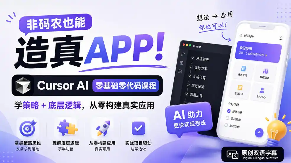 非码农也能造真APP!Cursor AI零基础零代码课程:学策略+底层逻辑,从零构建真实应用【原创双语字幕】 非码农也能造真APP!Cursor AI零基础零代码课程:学策略+底层逻辑,从零构建真实应用【原创双语字幕】