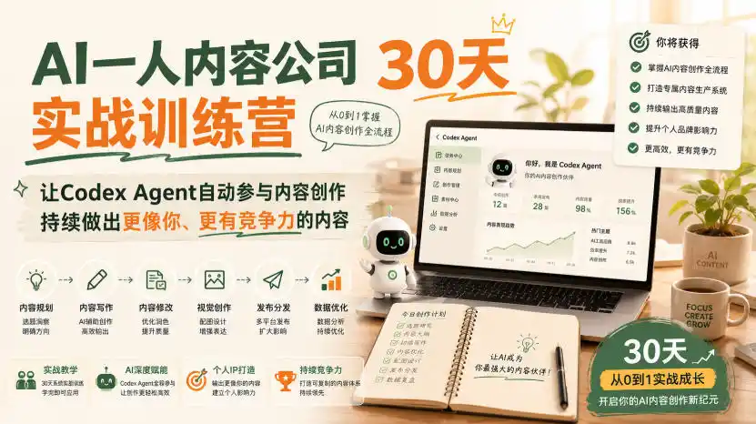AI一人内容公司30天实战训练营,让Codex Agent自动参与内容创作持续做出更像你、更有竞争力的内容 AI一人内容公司30天实战训练营,让Codex Agent自动参与内容创作持续做出更像你、更有竞争力的内容
