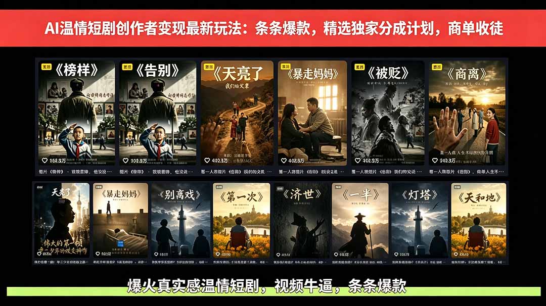 AI温情短剧创作者变现最新玩法:视频牛逼,条条爆款,精选独家分成计划,商单收徒 AI温情短剧创作者变现最新玩法:视频牛逼,条条爆款,精选独家分成计划,商单收徒